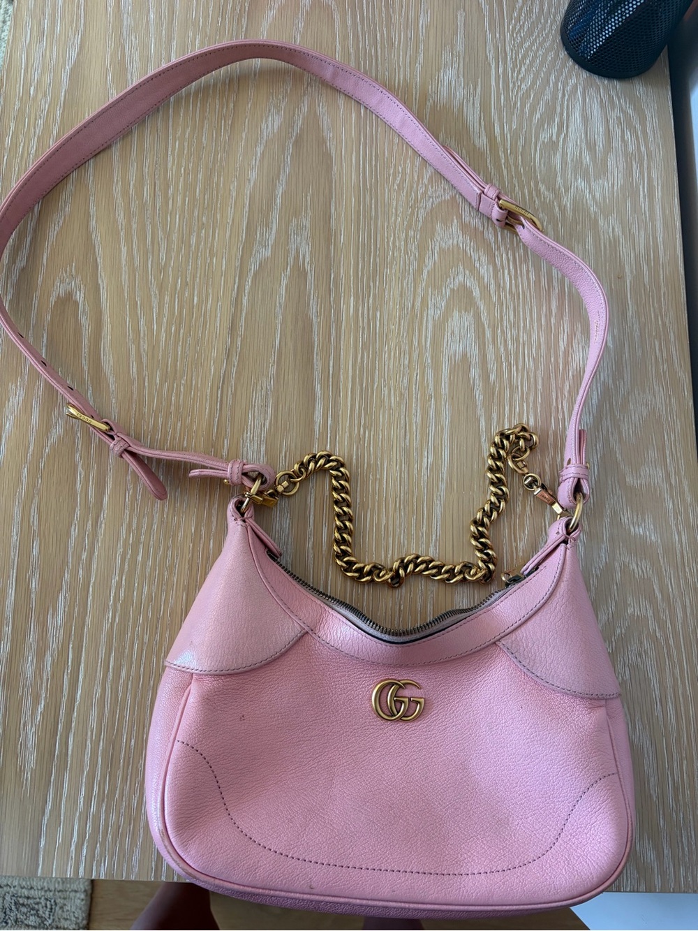 Authentic Gucci Pink Leather Shoulder Bag with Gold Chain Detail